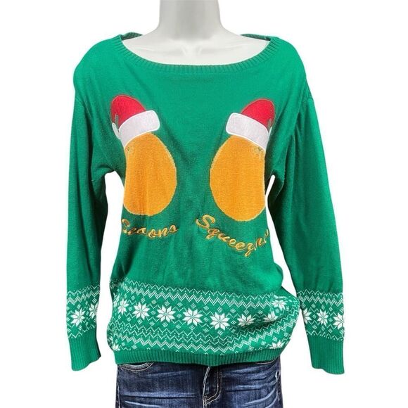 Festive Ladies Naughty Holiday Christmas Green Ugly Sweater with Santa Hats Med - Picture 1 of 12